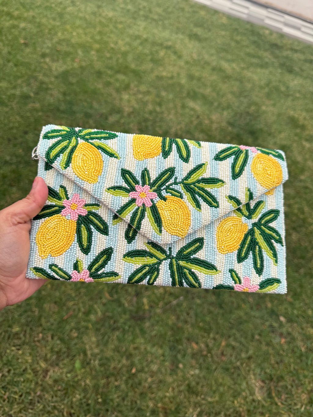 Lemon Beaded Clutch Bag | Handmade Beaded Envelope Clutch | Summer Citrus Purse | Statement Accessory | Tropical Summer Purse | double side