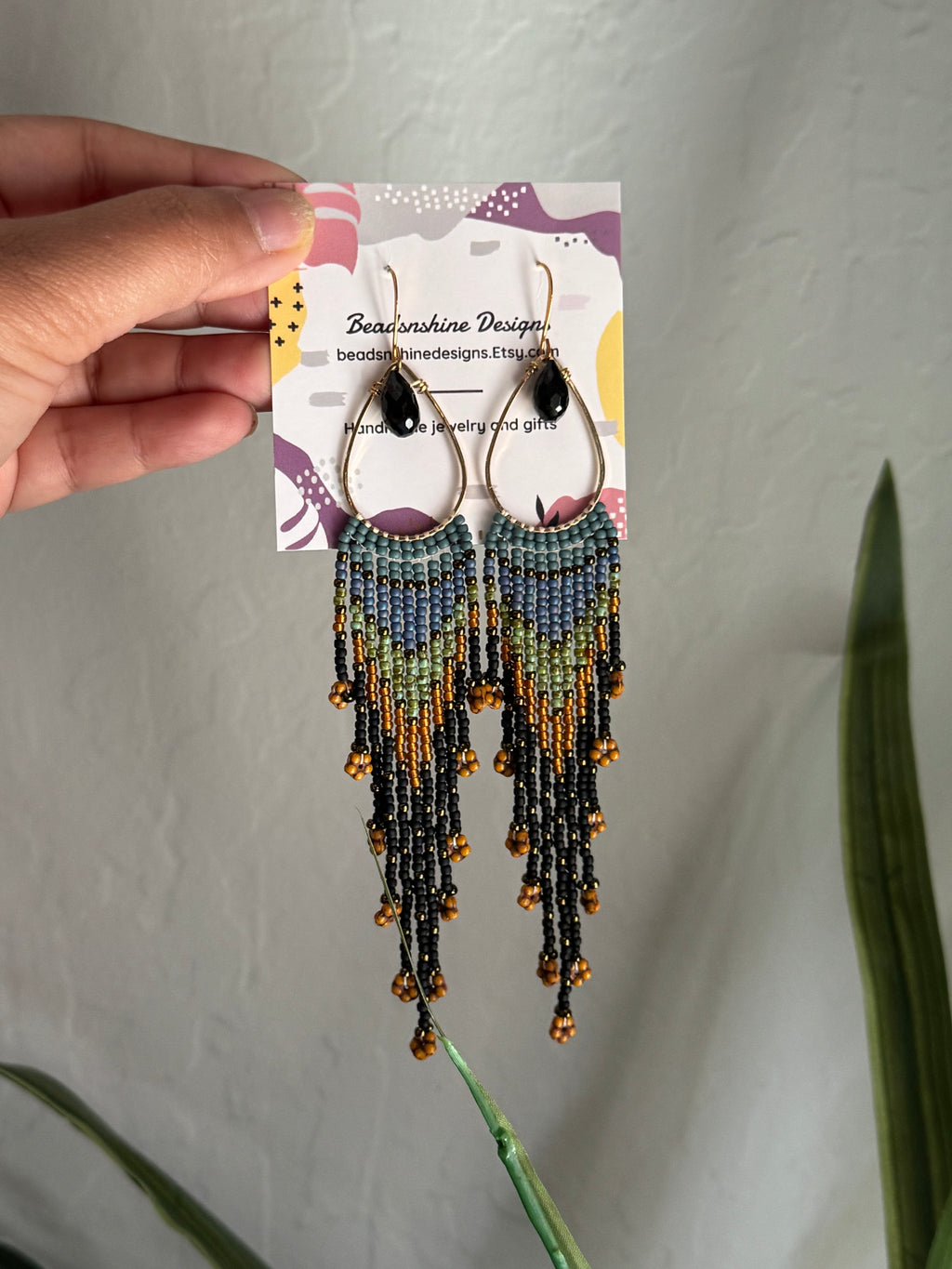 Handmade Statement beaded earrings, onyx gemstone earrings, medium length earrings, boho earrings, seed bead earrings, gift for women