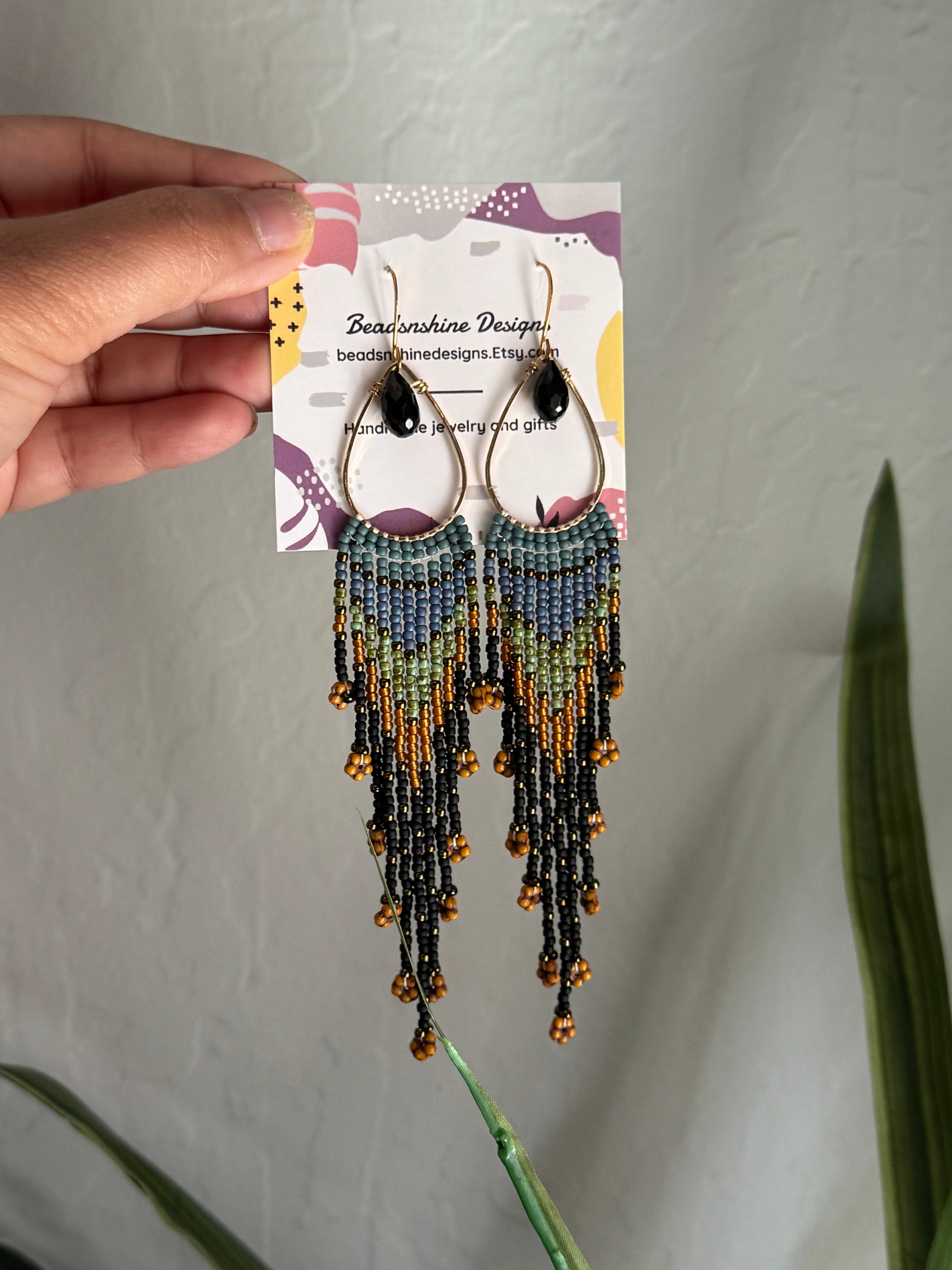 Handmade Statement beaded earrings, onyx gemstone earrings, medium length earrings, boho earrings, seed bead earrings, gift for women