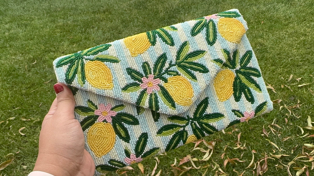 Lemon Beaded Clutch Bag | Handmade Beaded Envelope Clutch | Summer Citrus Purse | Statement Accessory | Tropical Summer Purse | double side