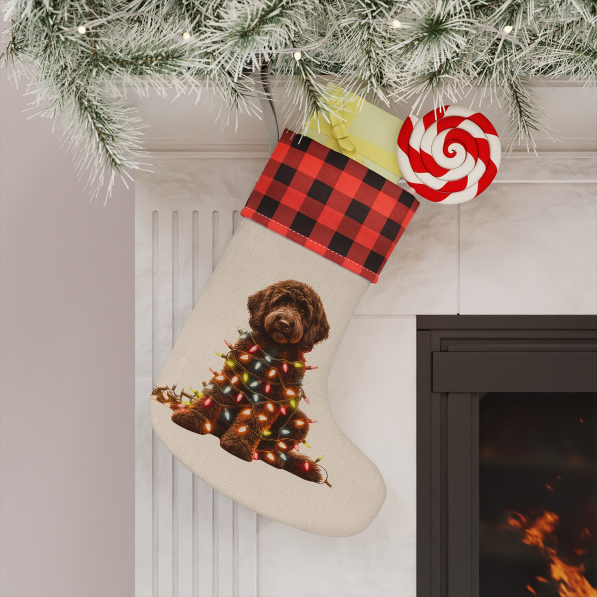 Christmas Stocking, Chocolate Labradoodle Stocking, Holiday Stocking, Dog Lover Gift, Pet Owner Gift, Christmas Decor