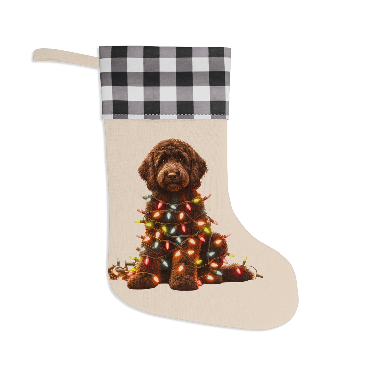 Christmas Stocking, Chocolate Labradoodle Stocking, Holiday Stocking, Dog Lover Gift, Pet Owner Gift, Christmas Decor