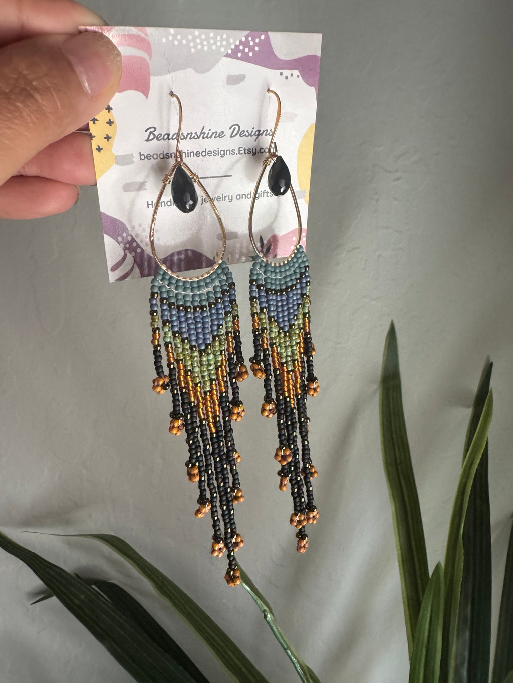 Handmade Statement beaded earrings, onyx gemstone earrings, medium length earrings, boho earrings, seed bead earrings, gift for women