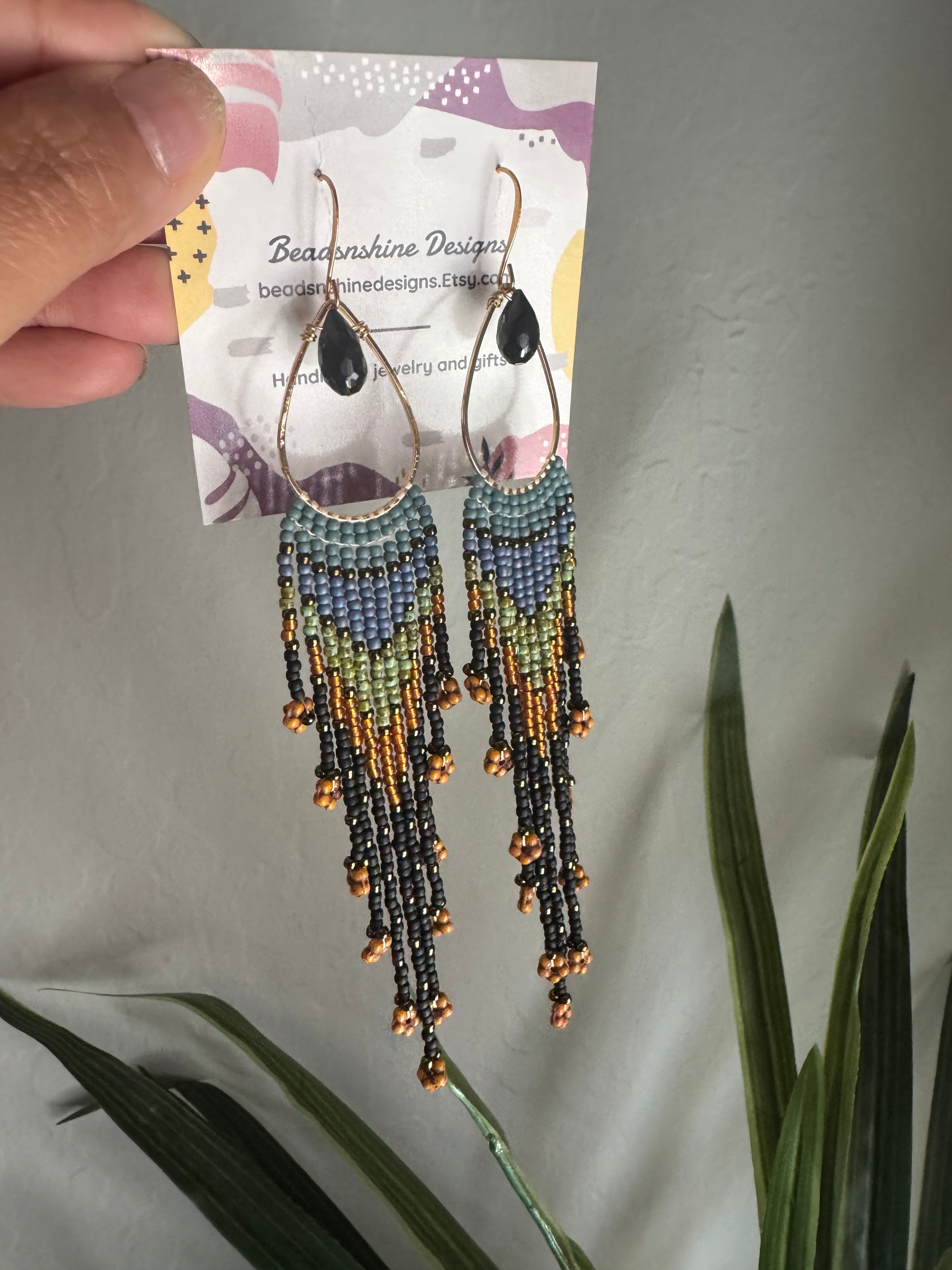Handmade Statement beaded earrings, onyx gemstone earrings, medium length earrings, boho earrings, seed bead earrings, gift for women