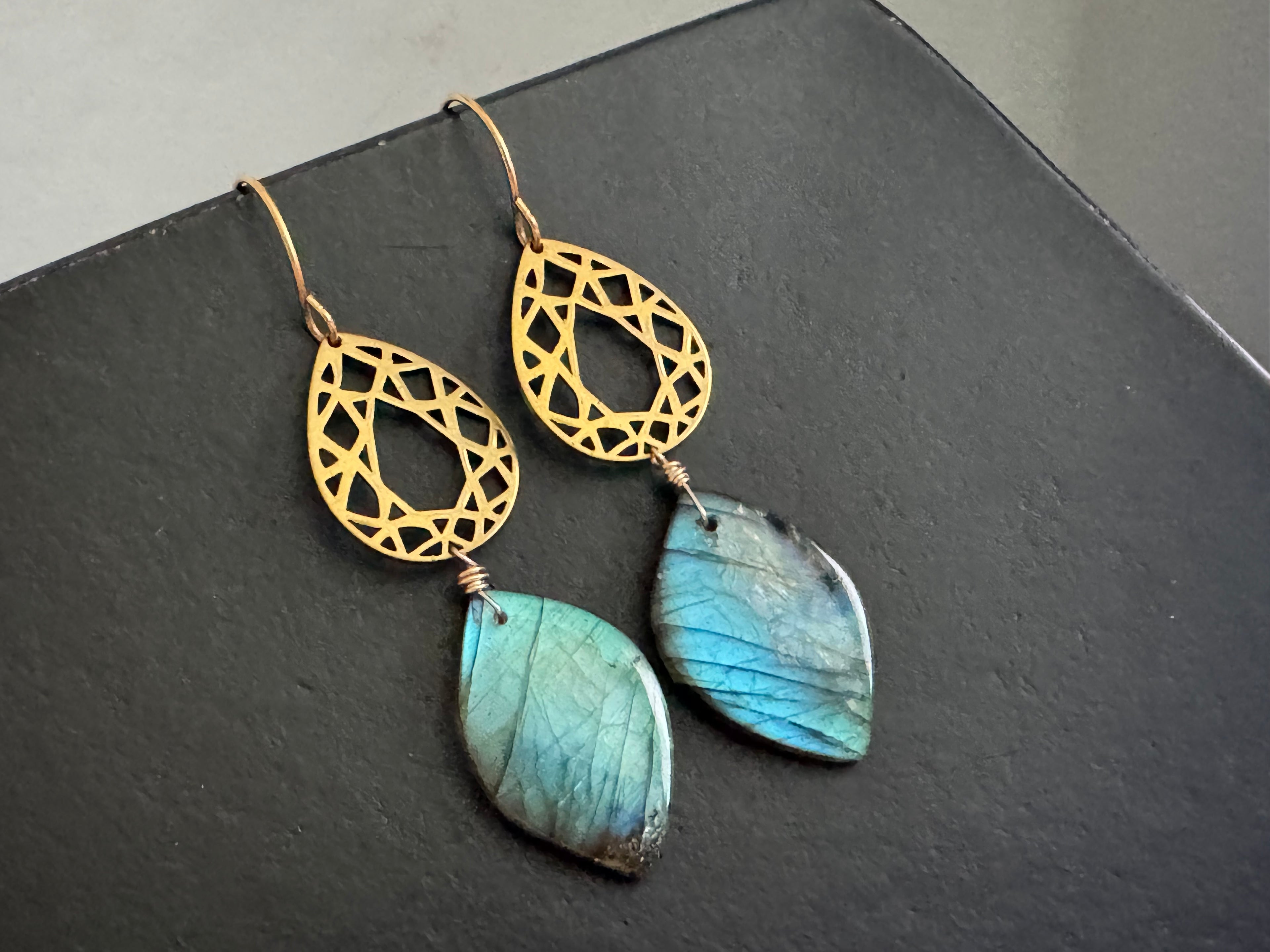 Statement earrings, gold labradorite dangles, Modern boho earrings, labradorite earrings