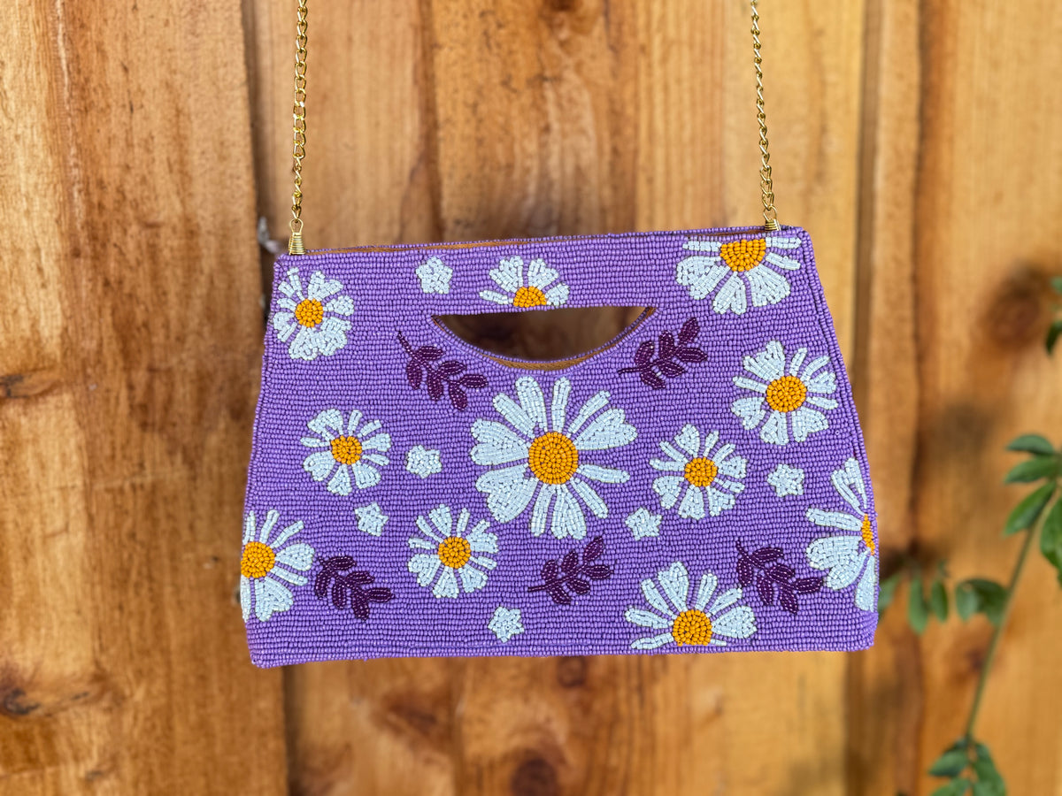 Daisy Handmade Beaded clutch bag, detailed beaded clutch, evening party bag with string, Gift for her