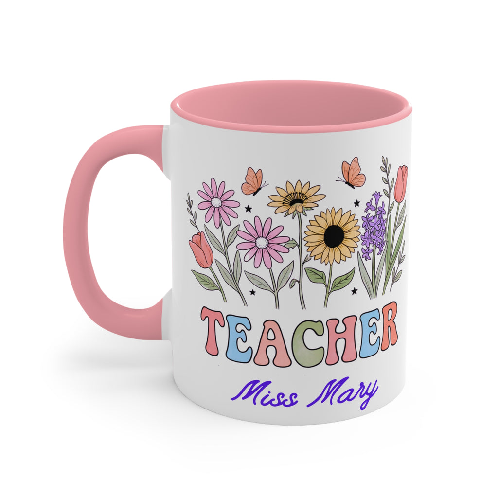 Personalized Floral Teacher Mug | Accent Mug with Pink Interior