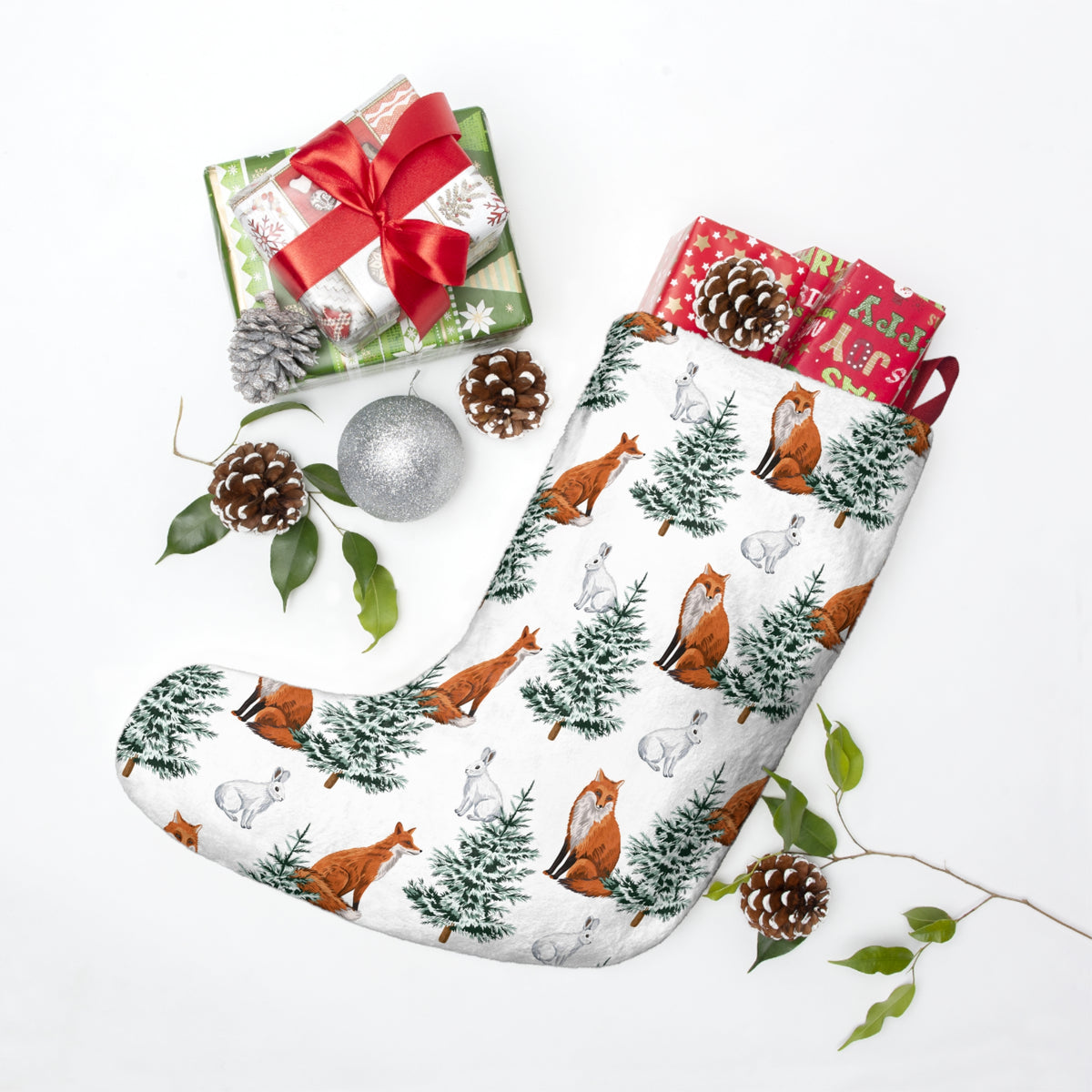 Christmas Stockings, Winter Forest, Red Fox and White Rabbit, Christmas Trees, Holiday Decor, Home Decor, Festive Stocking, Christmas Gift