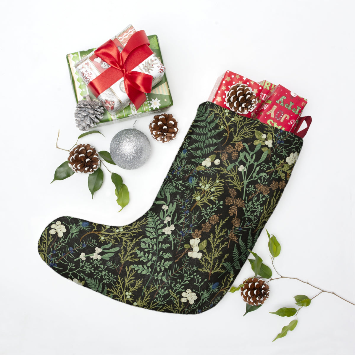 Christmas Stockings, woodland Holiday Decor, Magical Forest Botanical design, Vintage Christmas Stocking, Festive Home Decor