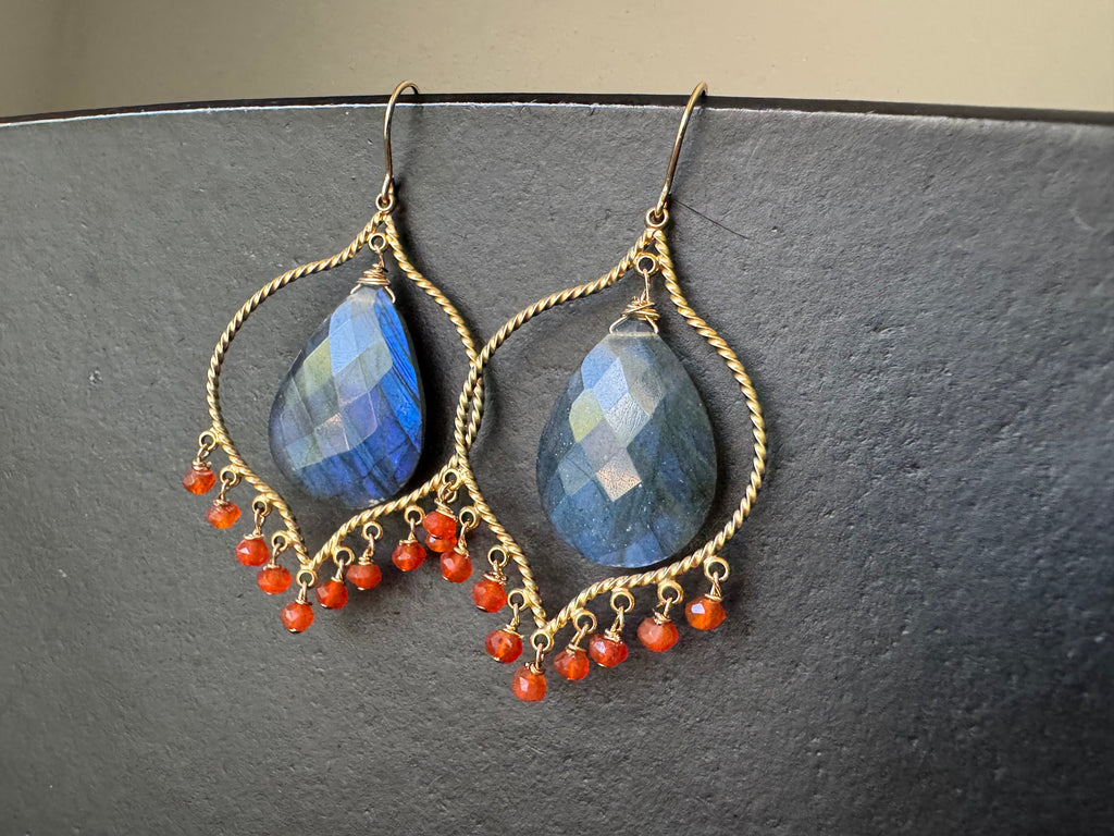 Labradorite Chandelier Earrings,Vermeil Gold, Carnelian beaded earrings, gifts for her