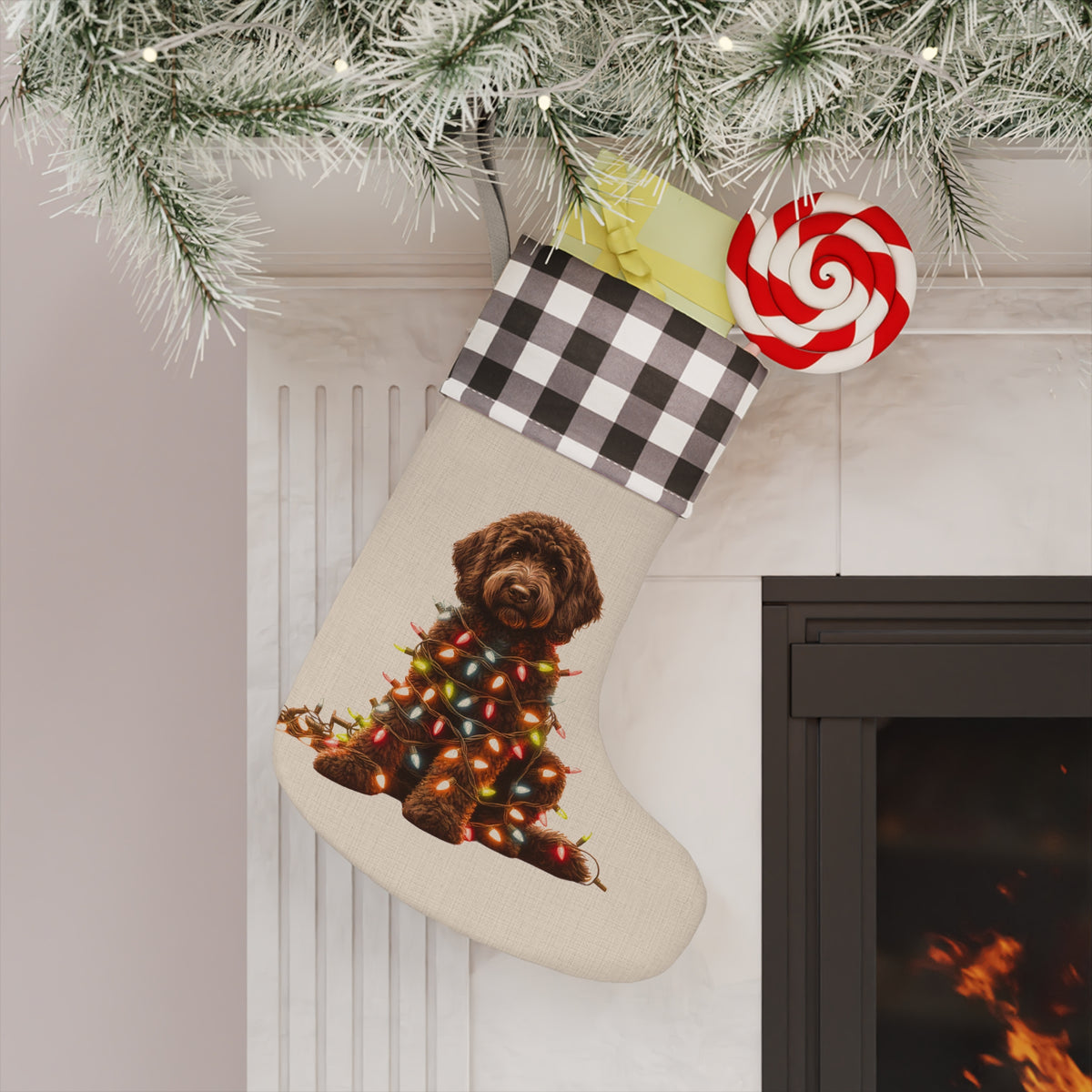 Christmas Stocking, Chocolate Labradoodle Stocking, Holiday Stocking, Dog Lover Gift, Pet Owner Gift, Christmas Decor
