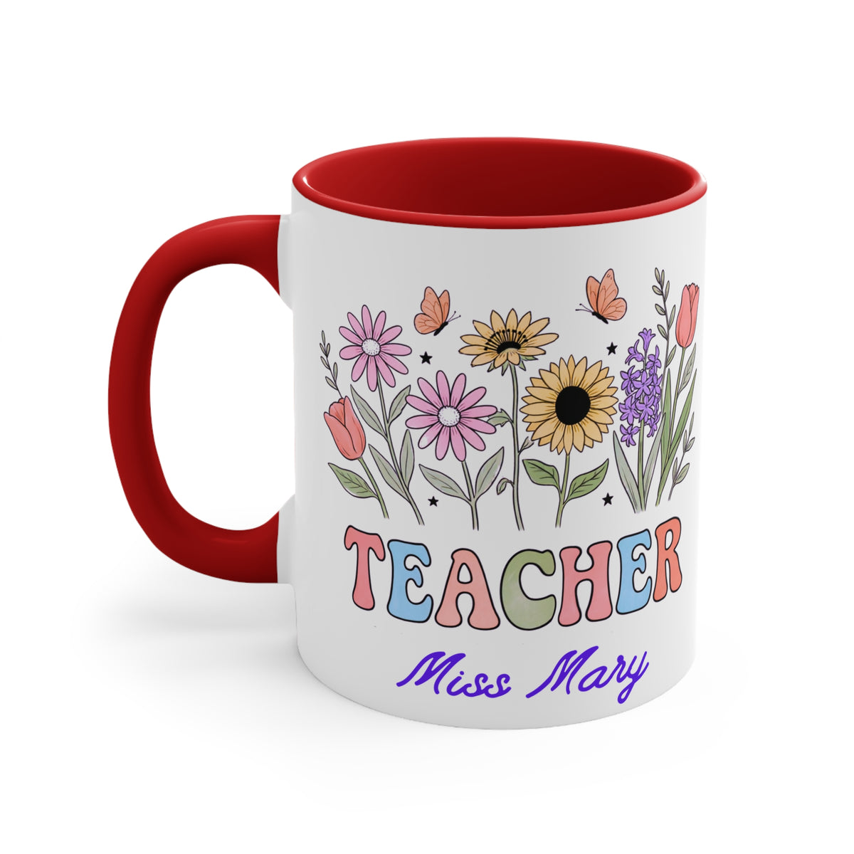 Personalized Floral Teacher Mug | Accent Mug with Pink Interior