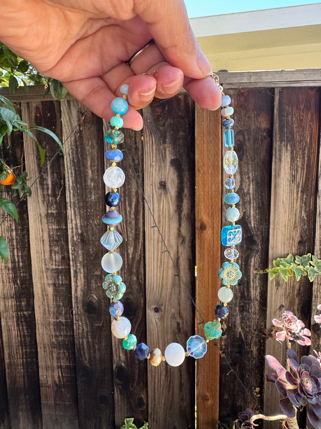 Handcrafted Czech Glass & Gemstone Layered Necklace | Boho Statement Necklace | Artisan Beaded Jewelry | beaded choker | adjustable 2”