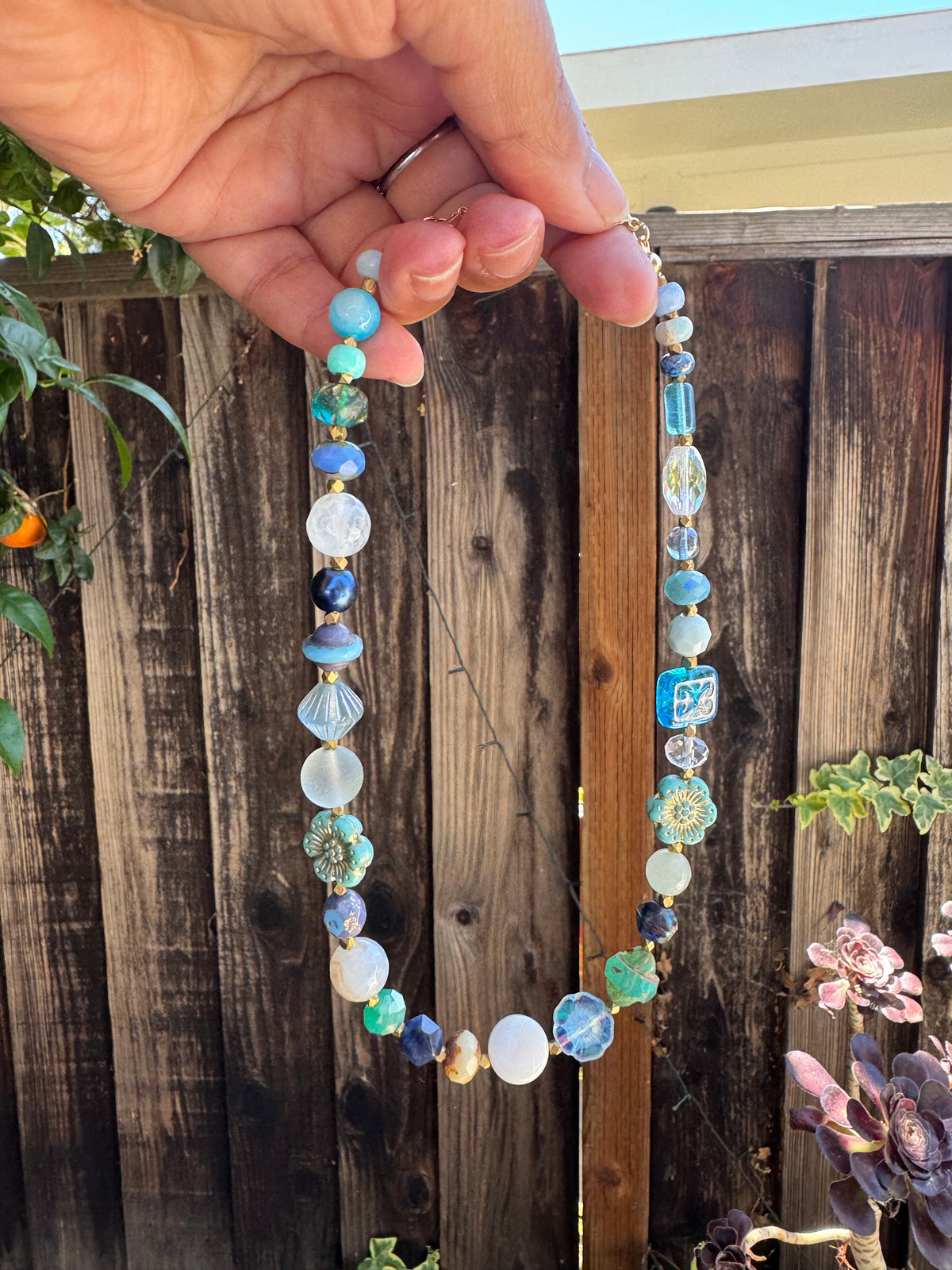 Handcrafted Czech Glass & Gemstone Layered Necklace | Boho Statement Necklace | Artisan Beaded Jewelry | beaded choker | adjustable 2”