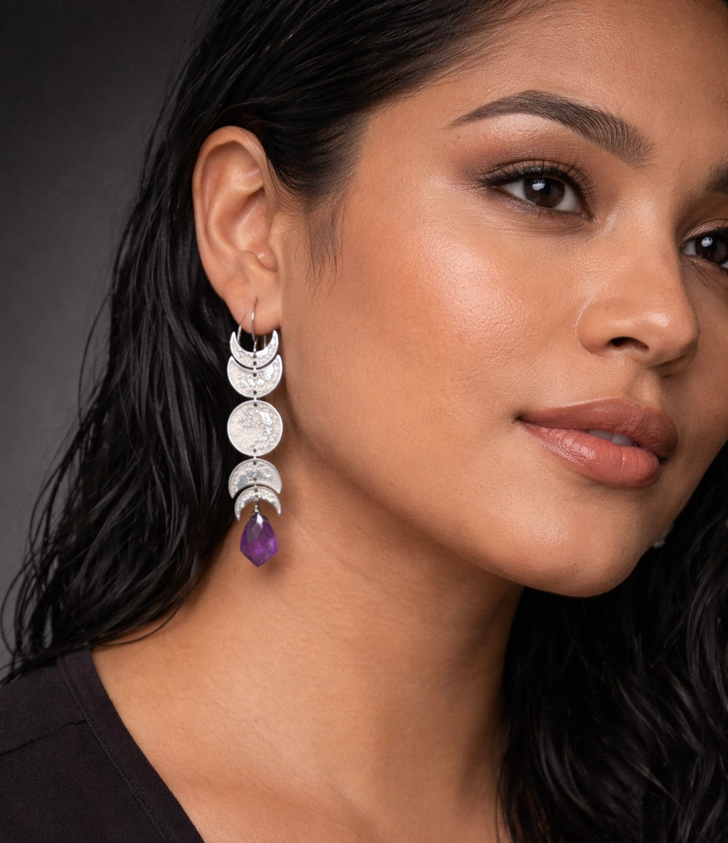Moon phase earrings, celestial jewelry, amethyst drop earrings, boho crystal earrings, witchy jewelry, lunar earrings, silver moon earrings, statement dangle earrings, crystal gemstone jewelry, bohemian earrings
