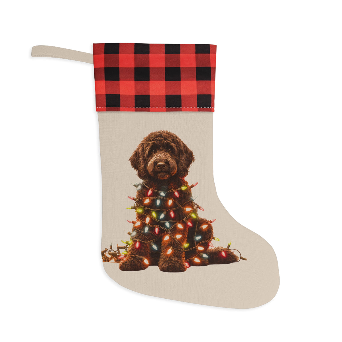 Christmas Stocking, Chocolate Labradoodle Stocking, Holiday Stocking, Dog Lover Gift, Pet Owner Gift, Christmas Decor
