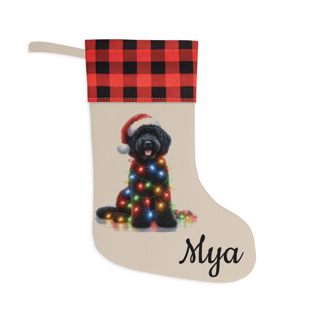 Christmas Stocking, Black golden doodle Stocking, Holiday Stocking, Dog Lover Gift, Pet Owner Gift, Christmas Decor