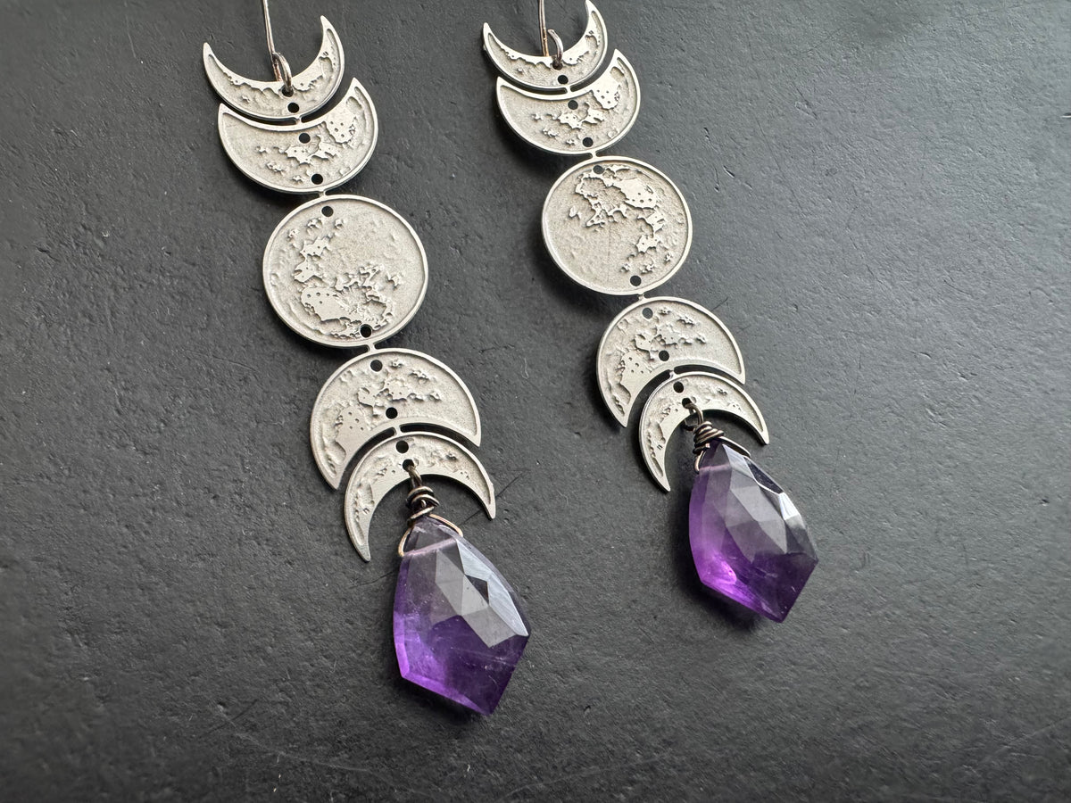Moon phase earrings, celestial jewelry, amethyst drop earrings, boho crystal earrings, witchy jewelry, lunar earrings, silver moon earrings, statement dangle earrings, crystal gemstone jewelry, bohemian earrings