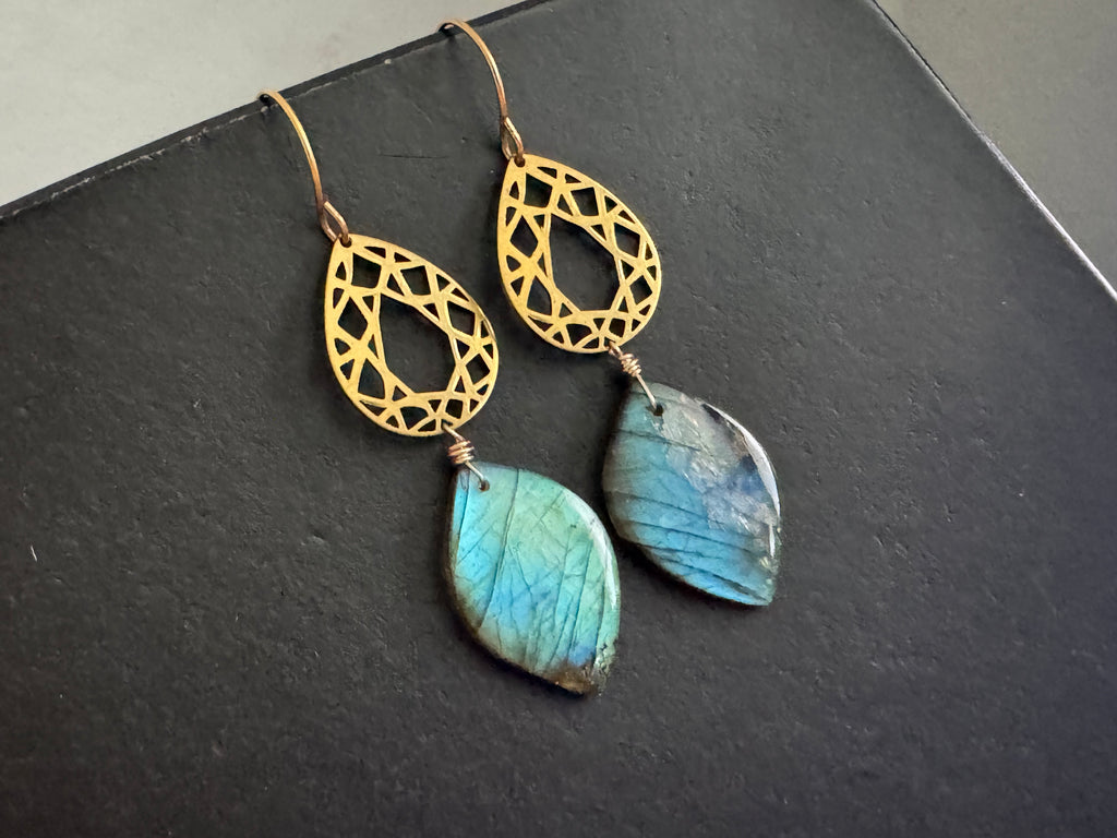 Statement earrings, gold labradorite dangles, Modern boho earrings, labradorite earrings