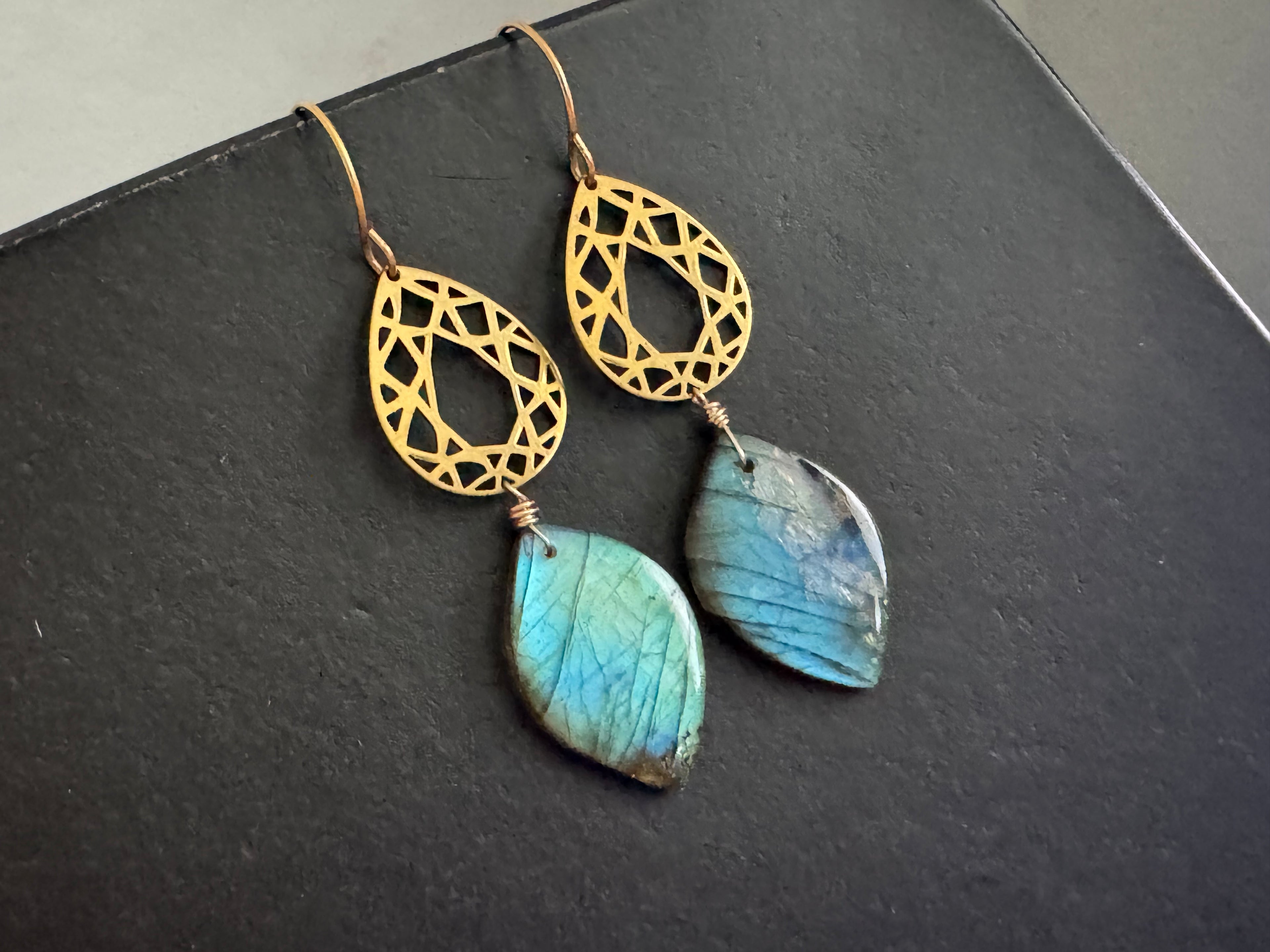 Statement earrings, gold labradorite dangles, Modern boho earrings, labradorite earrings