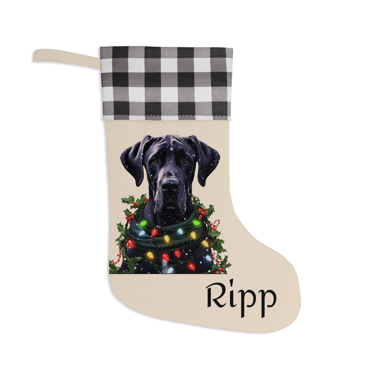 Christmas Stocking, Black Great Dane Design, Holiday Gift, Dog Lover Gift, Pet Owner Decor, Unique Stocking