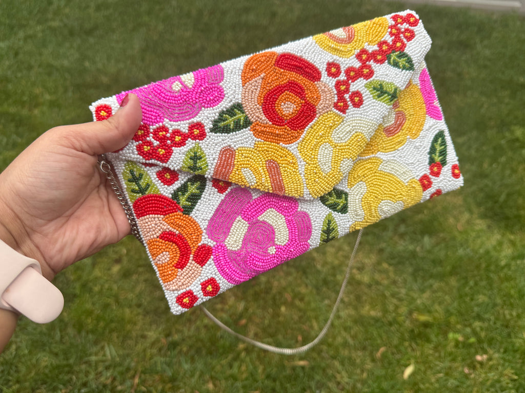 Colorful Beaded Floral Clutch Purse | Handmade Seed Bead Evening Bag | Boho Statement Clutch | Flower Beaded Handbag | both sides beaded