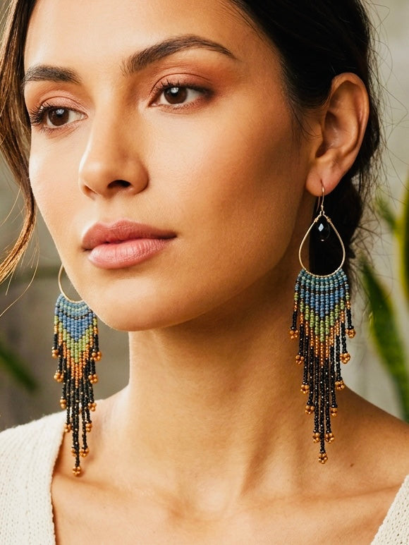 Handmade Statement beaded earrings, onyx gemstone earrings, medium length earrings, boho earrings, seed bead earrings, gift for women
