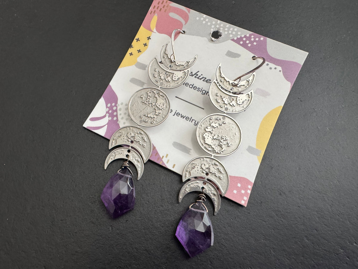 Moon phase earrings, celestial jewelry, amethyst drop earrings, boho crystal earrings, witchy jewelry, lunar earrings, silver moon earrings, statement dangle earrings, crystal gemstone jewelry, bohemian earrings
