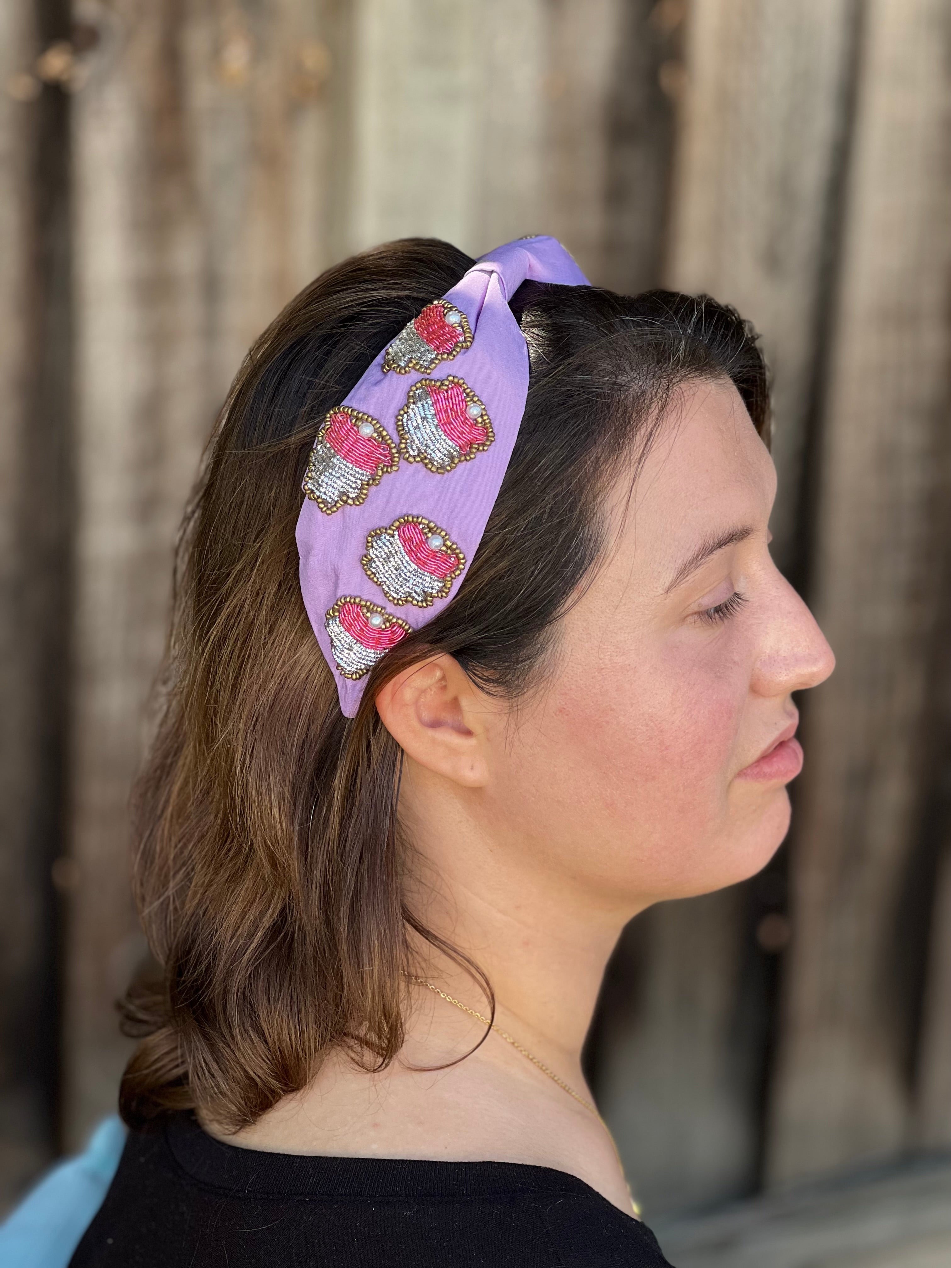 Statement Beaded Knot Headband, Handmade Knot Headband, Wide Knot Headband, Embellished Knot Headband, Seed Bead Headband, lilac color