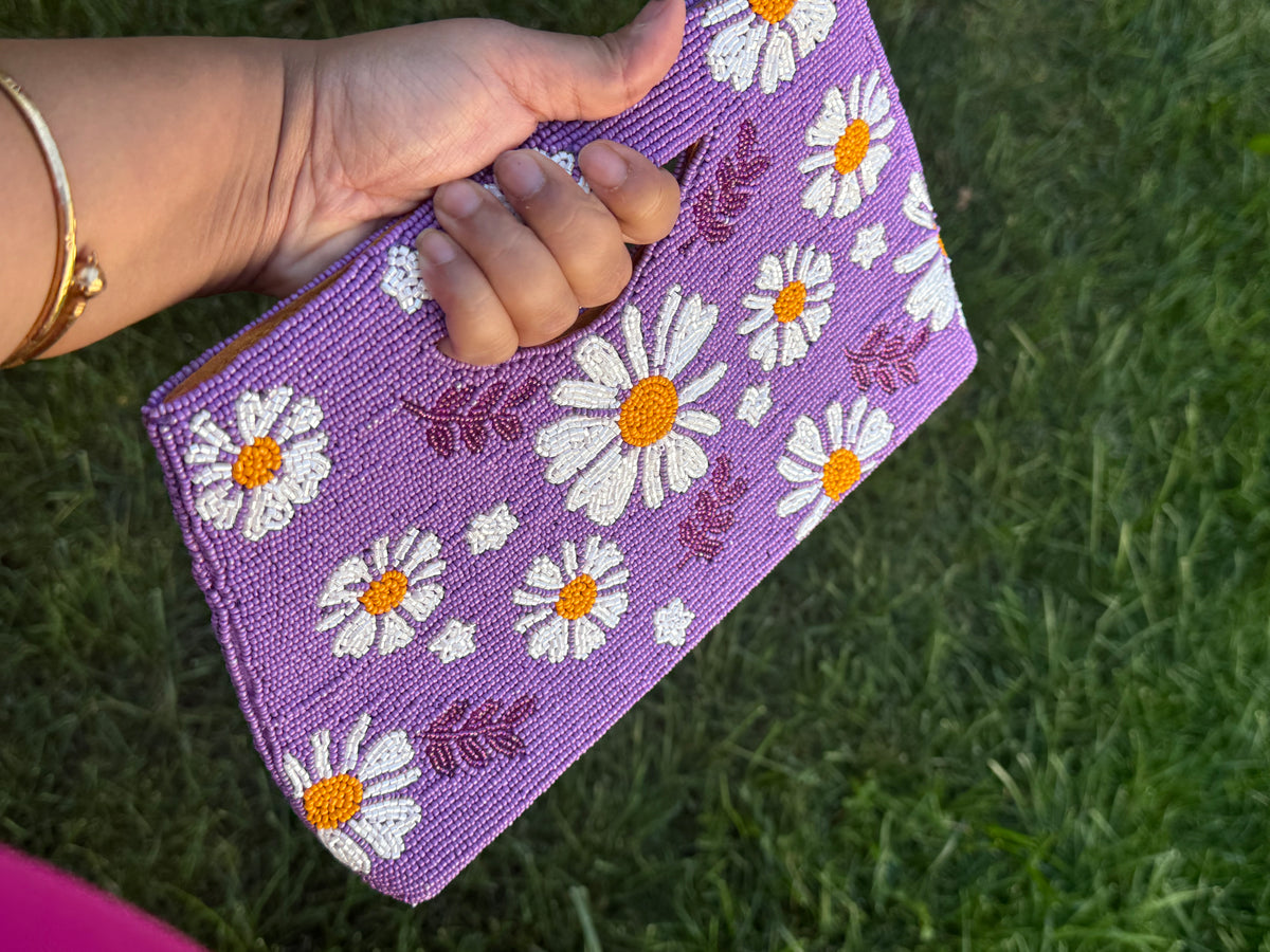 Daisy Handmade Beaded clutch bag, detailed beaded clutch, evening party bag with string, Gift for her