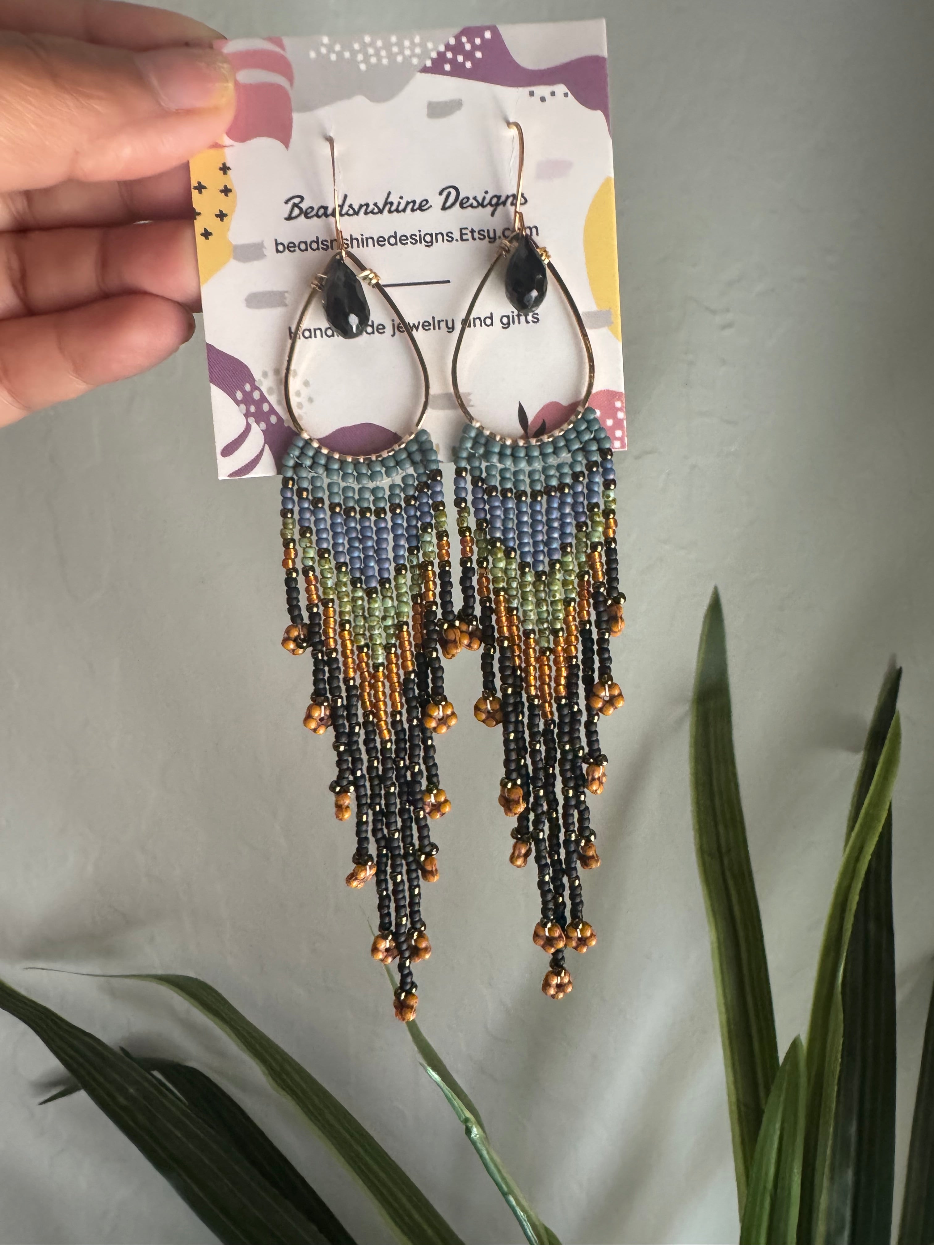 Handmade Statement beaded earrings, onyx gemstone earrings, medium length earrings, boho earrings, seed bead earrings, gift for women