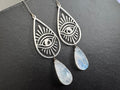 Statement earrings, moonstone dangles, Modern boho earrings, moonstone earrings, stainless steel eye earrings, Moonstone Evil Eye Teardrop Earrings