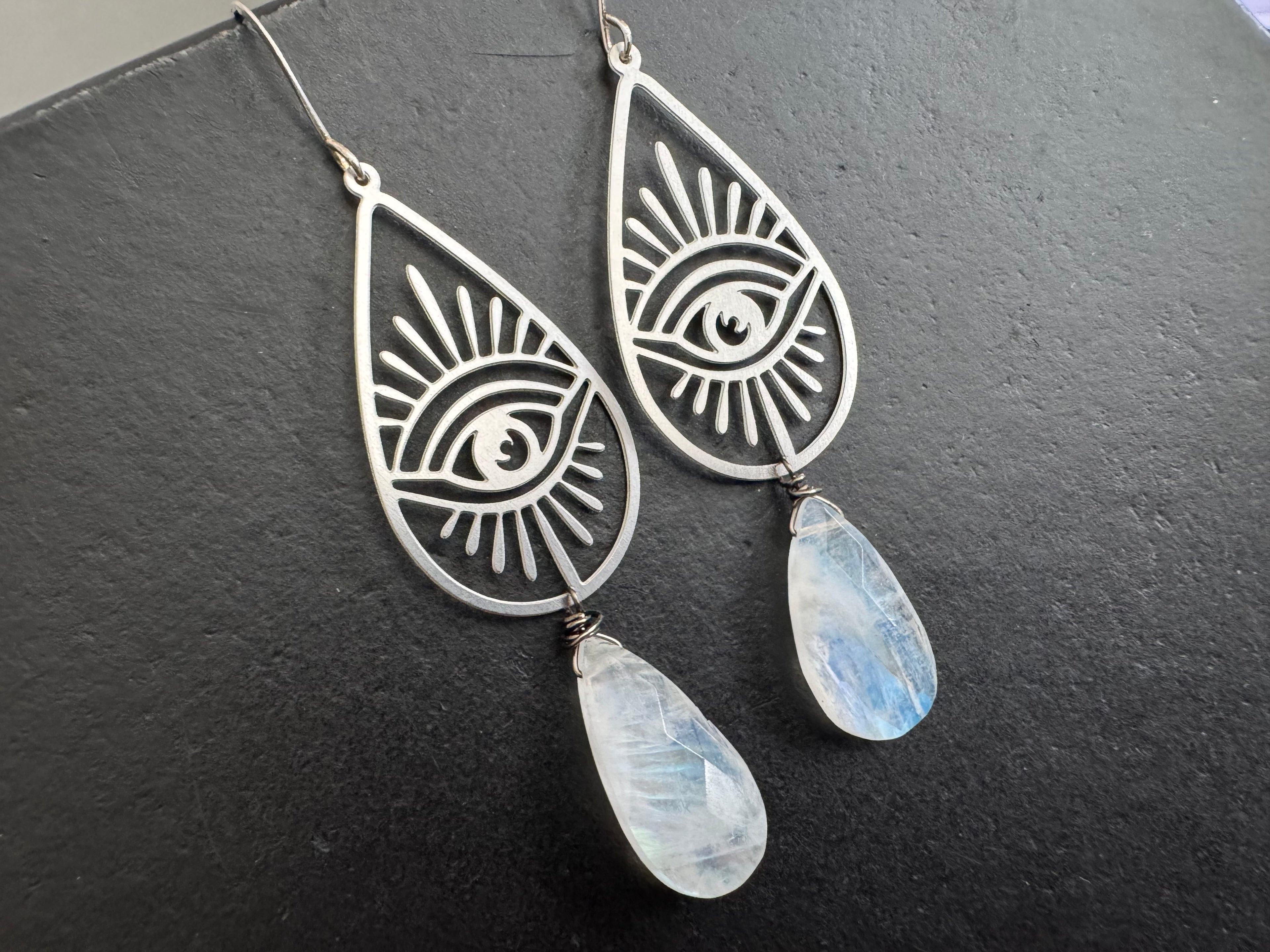 Statement earrings, moonstone dangles, Modern boho earrings, moonstone earrings, stainless steel eye earrings, Moonstone Evil Eye Teardrop Earrings
