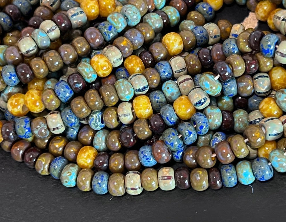 Picasso earthy Czech seed beads, size 5mm(4/0), 15 grams