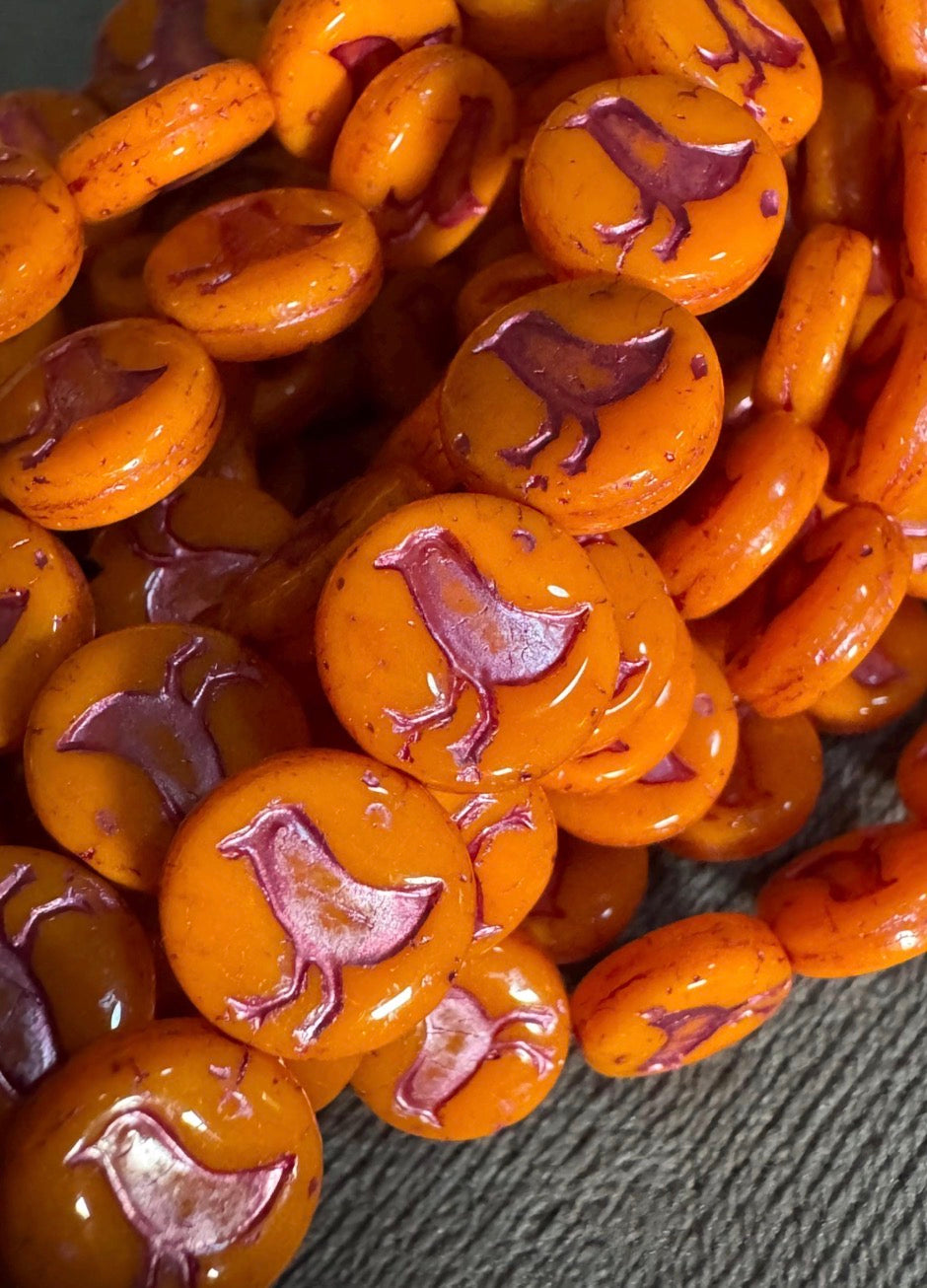 Premium Czech beads, orange coin with bird in pink wash, size 12mm , quantity 10 beads