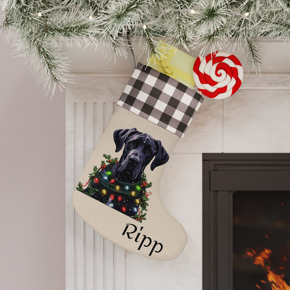 Christmas Stocking, Black Great Dane Design, Holiday Gift, Dog Lover Gift, Pet Owner Decor, Unique Stocking