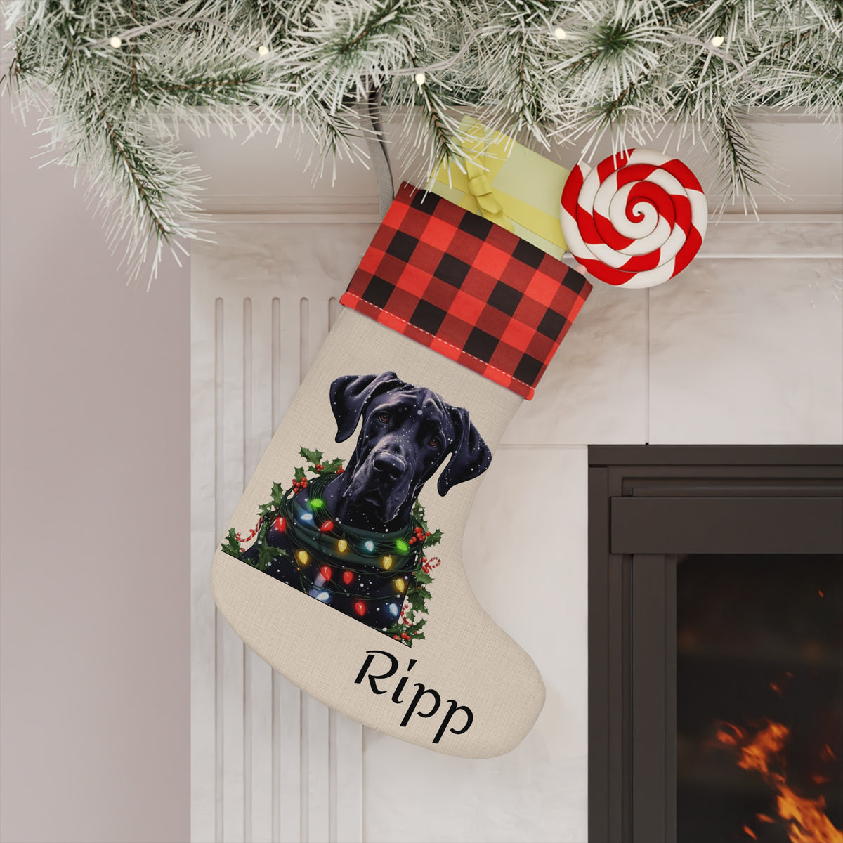 Christmas Stocking, Black Great Dane Design, Holiday Gift, Dog Lover Gift, Pet Owner Decor, Unique Stocking