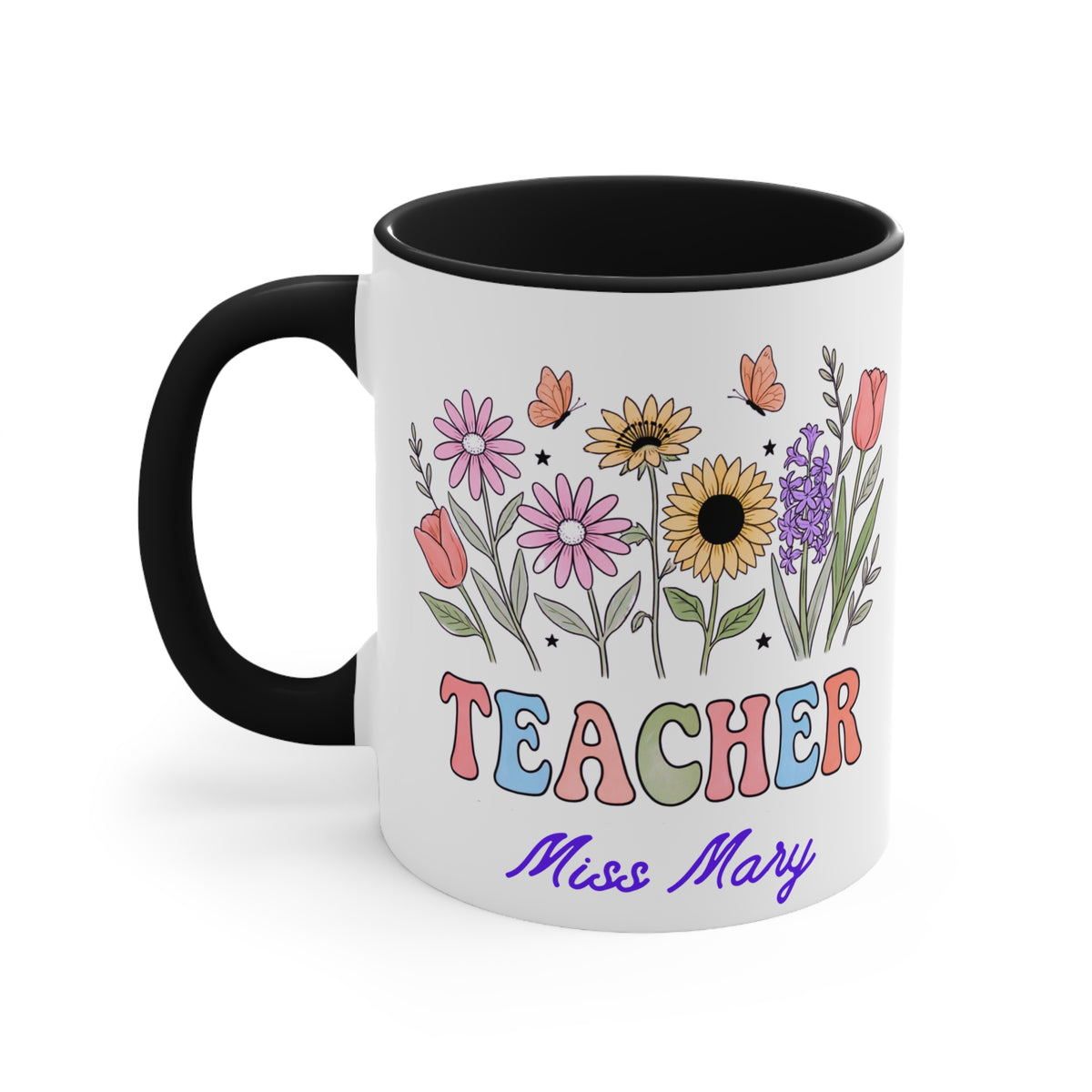 Personalized Floral Teacher Mug | Accent Mug with Pink Interior