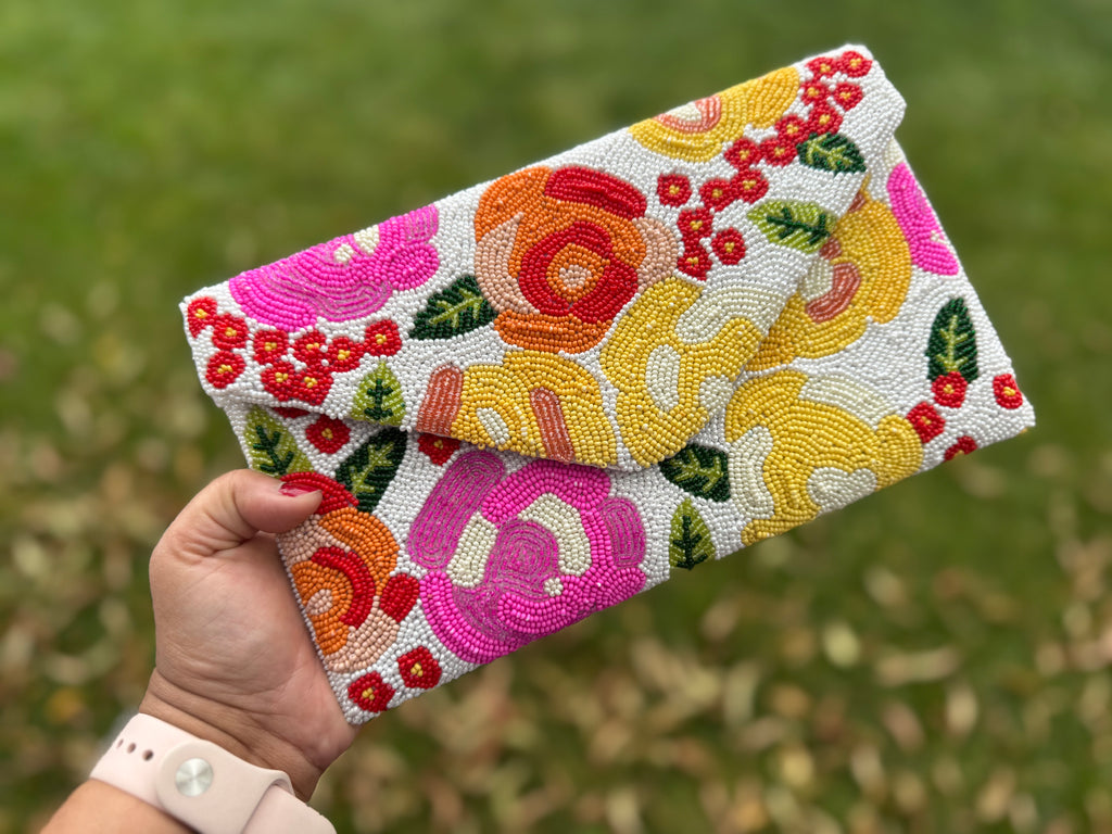 Colorful Beaded Floral Clutch Purse | Handmade Seed Bead Evening Bag | Boho Statement Clutch | Flower Beaded Handbag | both sides beaded