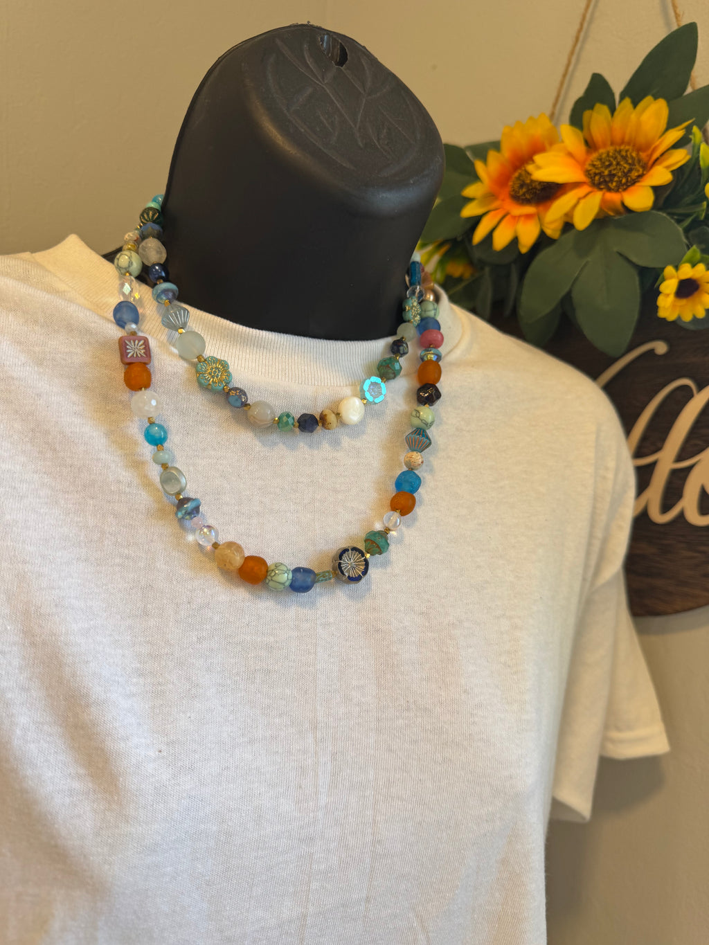 Handcrafted Czech Glass & Gemstone Layered Necklace | Boho Statement Necklace | Artisan Beaded Jewelry | beaded choker | adjustable 2”