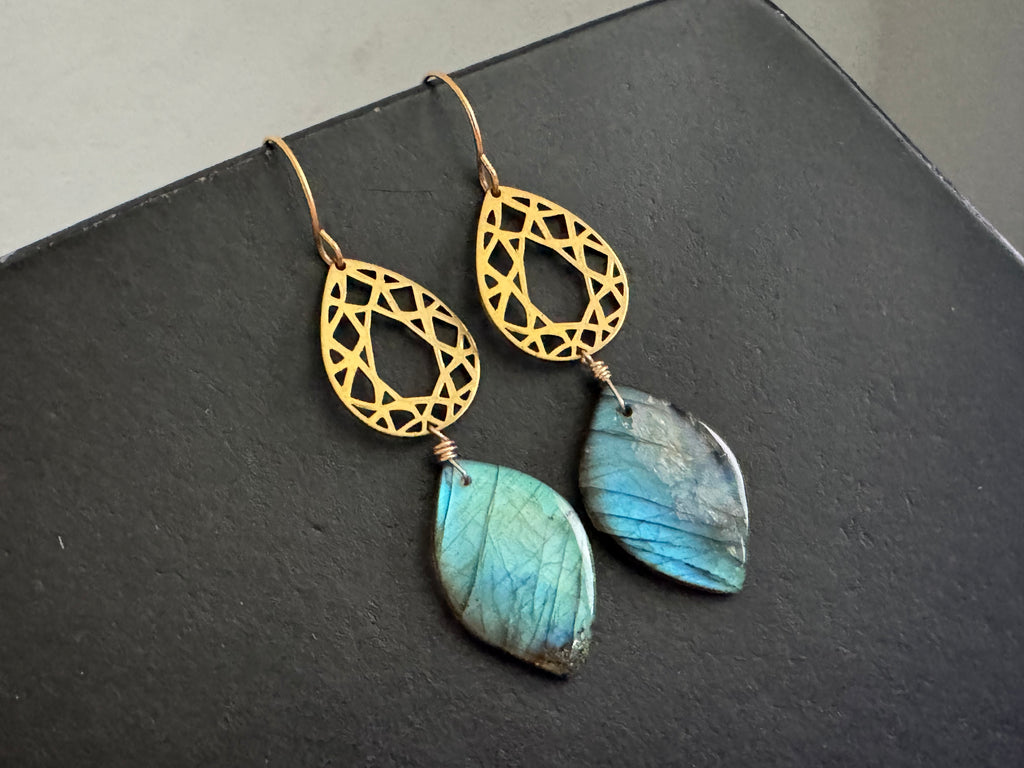 Statement earrings, gold labradorite dangles, Modern boho earrings, labradorite earrings