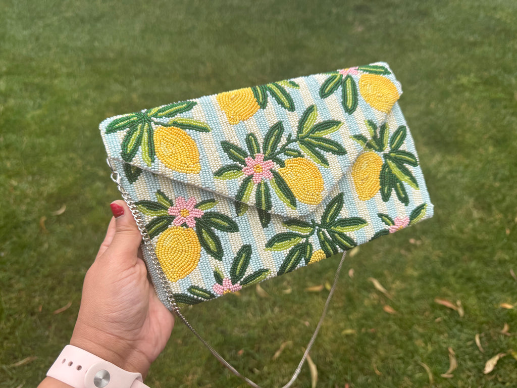 Lemon Beaded Clutch Bag | Handmade Beaded Envelope Clutch | Summer Citrus Purse | Statement Accessory | Tropical Summer Purse | double side