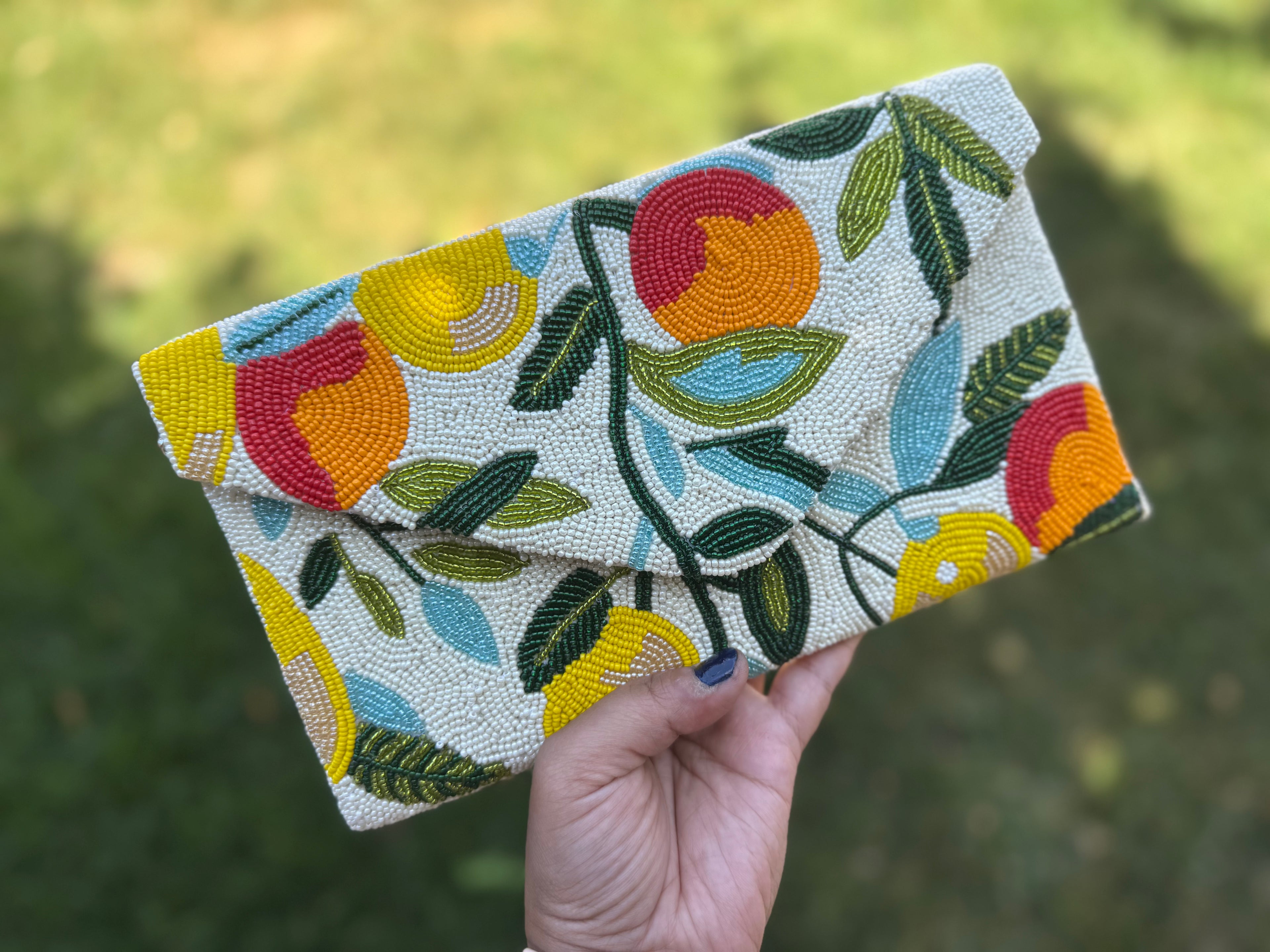 Orange Beaded Clutch Bag | Handmade Beaded Envelope Clutch | Summer Citrus Purse | Statement Accessory | Tropical Summer Purse | double side