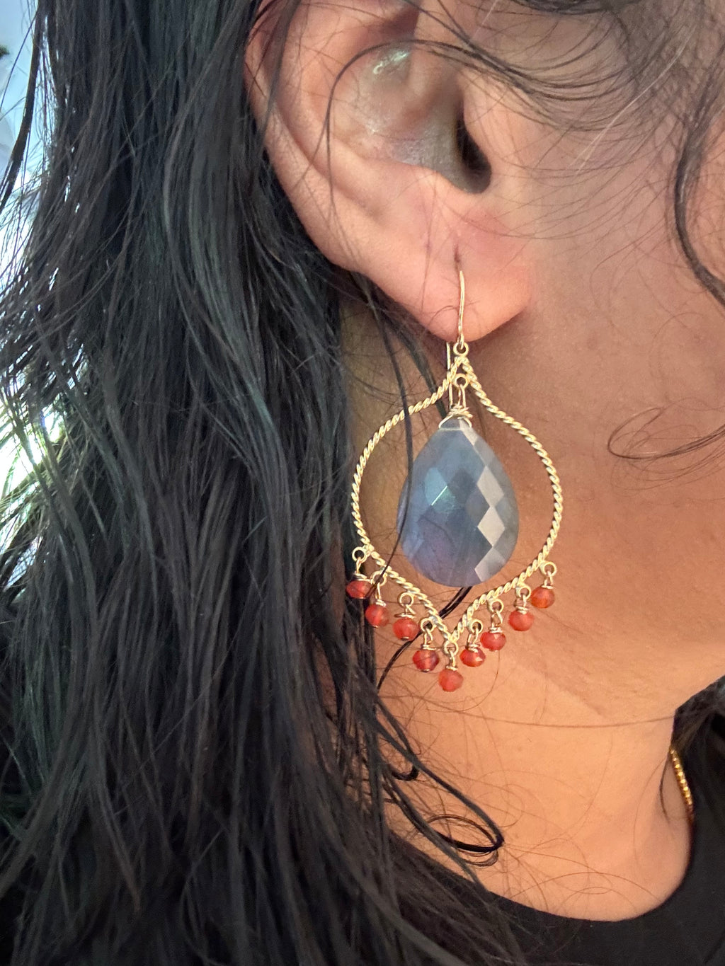 Labradorite Chandelier Earrings,Vermeil Gold, Carnelian beaded earrings, gifts for her