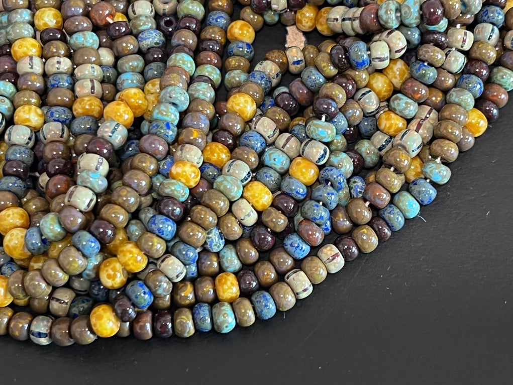 Picasso earthy Czech seed beads, size 5mm(4/0), 15 grams