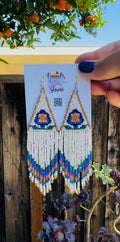 Handbeaded earrings, seed bead fringe, boho statement jewelry, long tassel earrings, summer festival style, unique birthday,lightweight statement, made in California