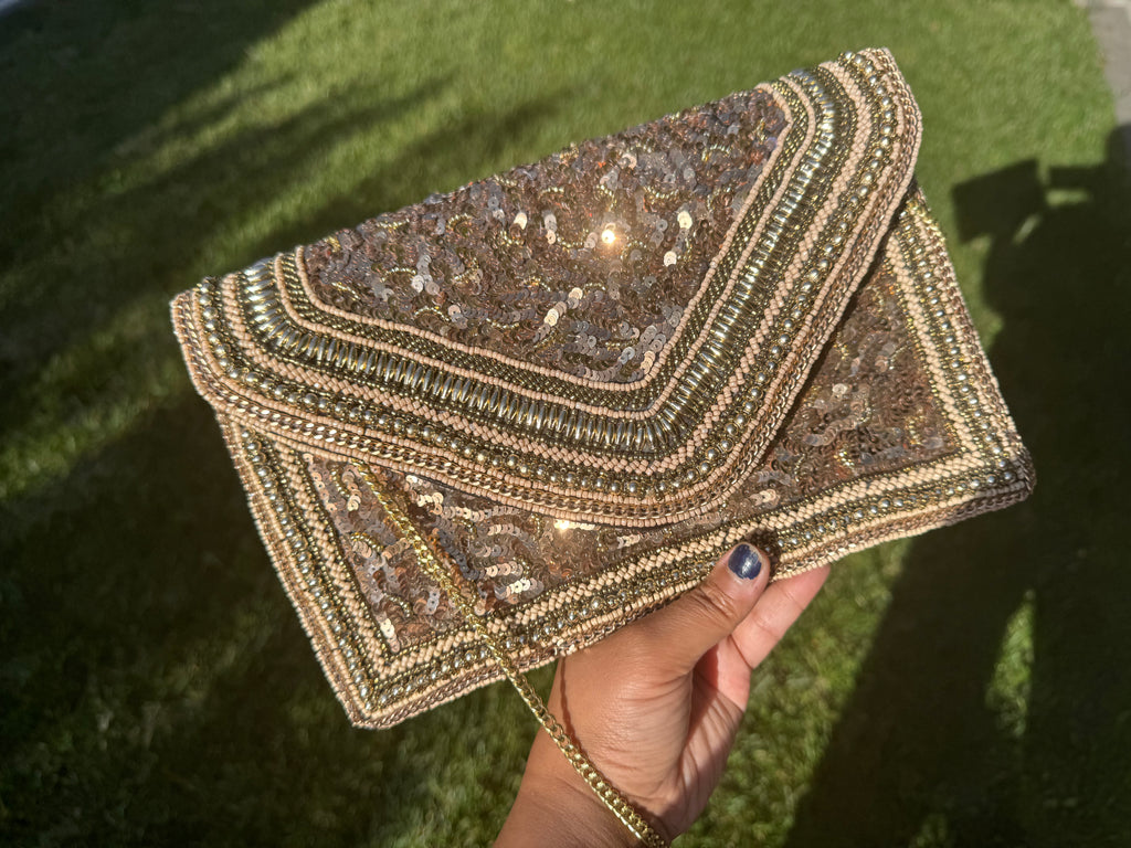 Exquisite Handmade Beaded clutch bag, gold beaded clutch, evening party bag with string, Gift for her, Bridal wedding bag