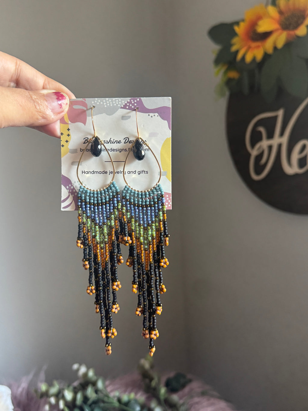 Handmade Statement beaded earrings, onyx gemstone earrings, medium length earrings, boho earrings, seed bead earrings, gift for women
