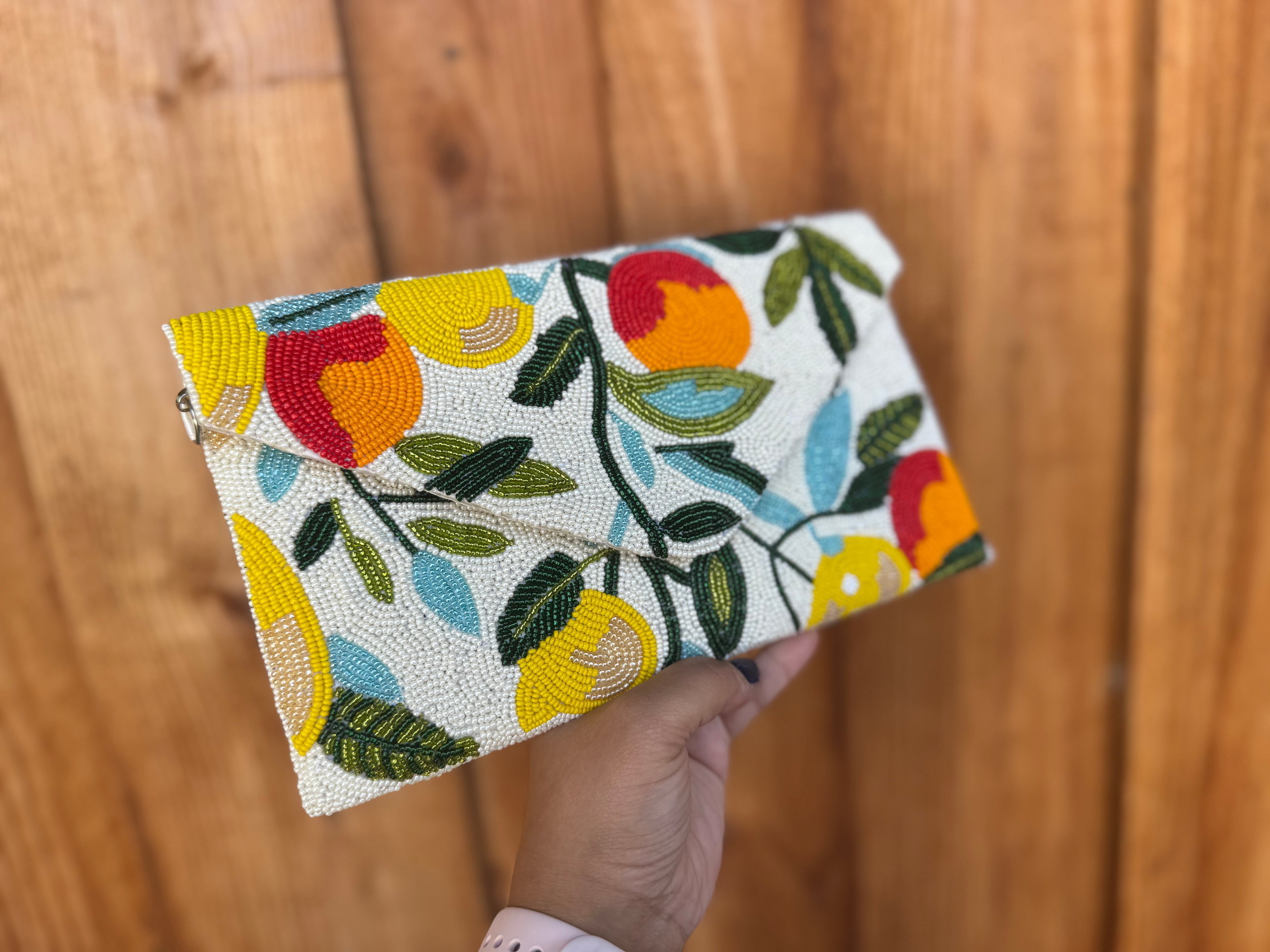 Orange Beaded Clutch Bag | Handmade Beaded Envelope Clutch | Summer Citrus Purse | Statement Accessory | Tropical Summer Purse | double side