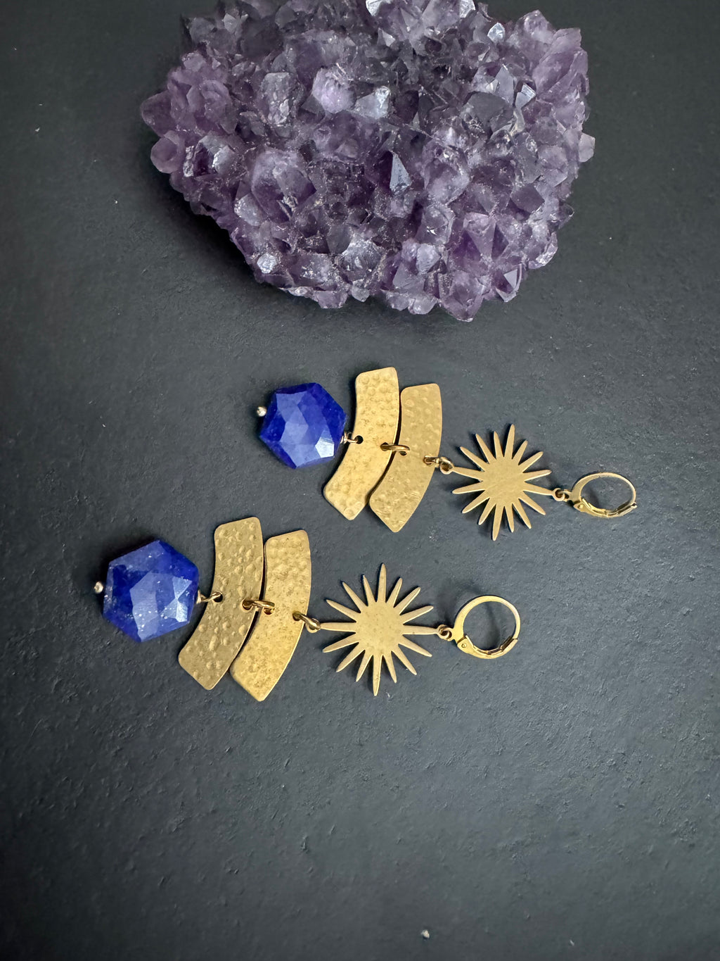 Lapis lazuli earrings,Statement earrings, Modern brass earrings,brass earrings